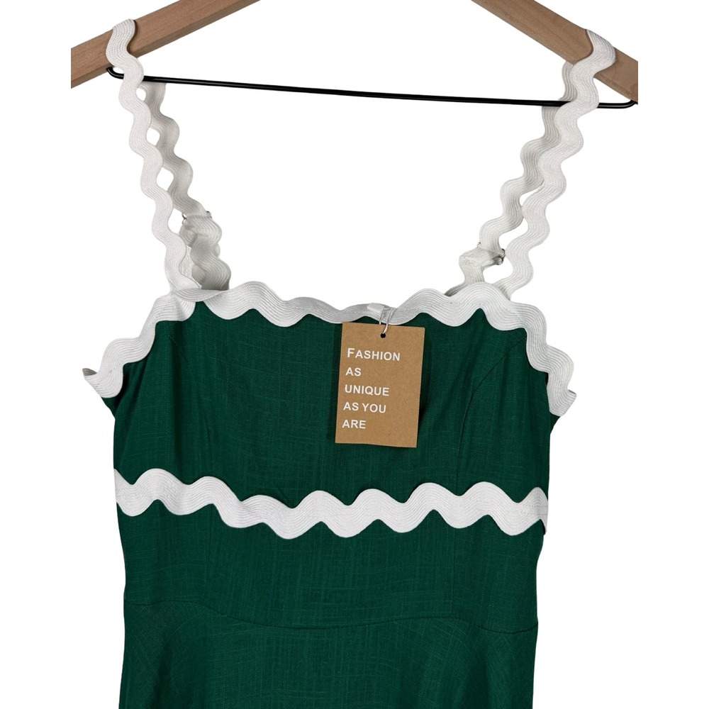 Senllen Green Cotton Linen Ric Rac Trim Mini Dress Smocked Back Size M NWT - Picture 2 of 7